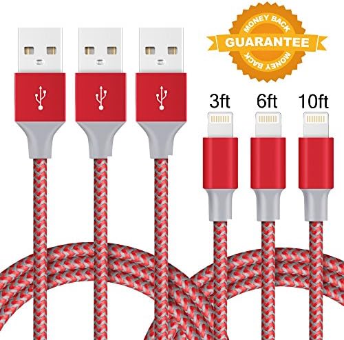 iPhone Charger Cable, Areker 3 Pack 3ft 6ft 9ft iPhone Charging Cord Nylon Lightning to USB Cable for iPhone 8 Plus 8 7 Plus 6s 6 Plus SE 5s 5c iPad Mine Air IOS Device (Red)