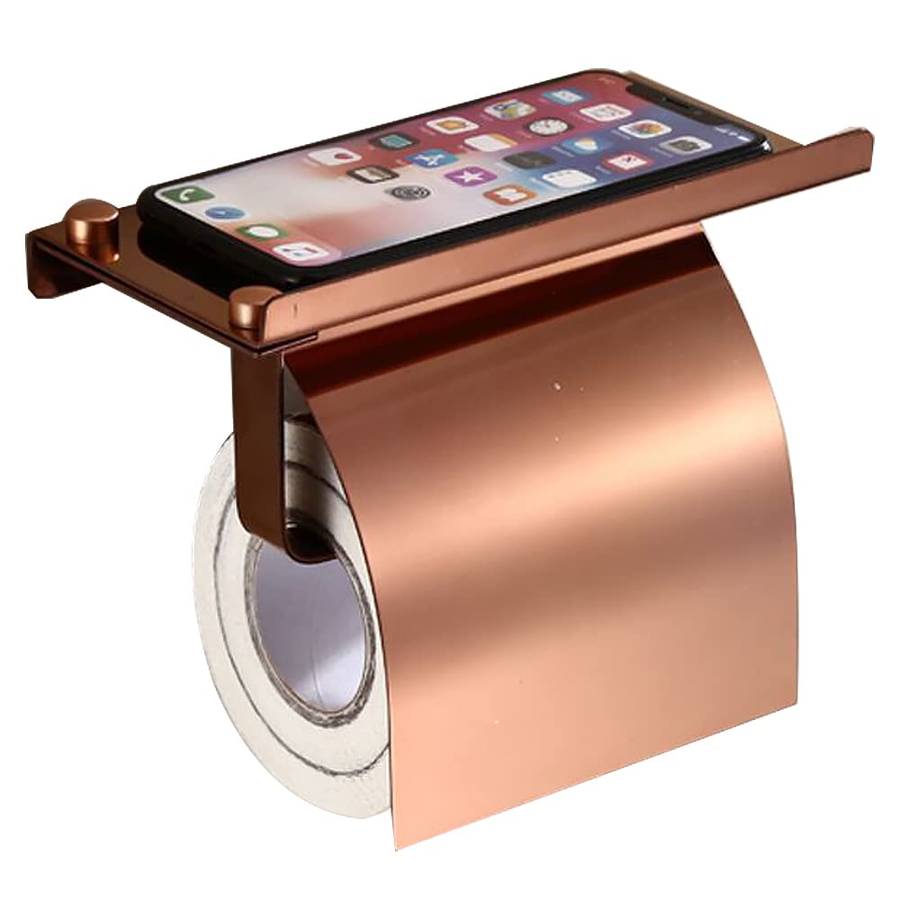 Toilet Roll Holder, Bathroom Storage, Tissue Roll Holder with Phone Storage Shelf Screws, Wall Mounted Stainless Steel Toilet Paper Holder (Rose Gold)