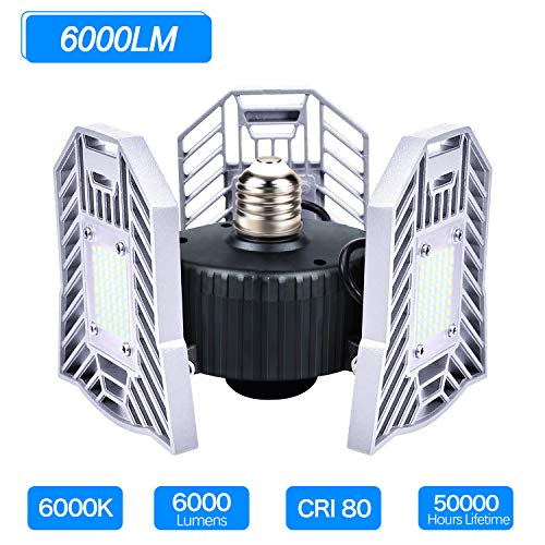 Garage Lighting, 60W LED Garage Lights 6000LM Deformable LED Garage Ceiling Lights, 6000K Daylight Super Bright LED Shop Lights for Garage, Basement, Workshop(60W White)