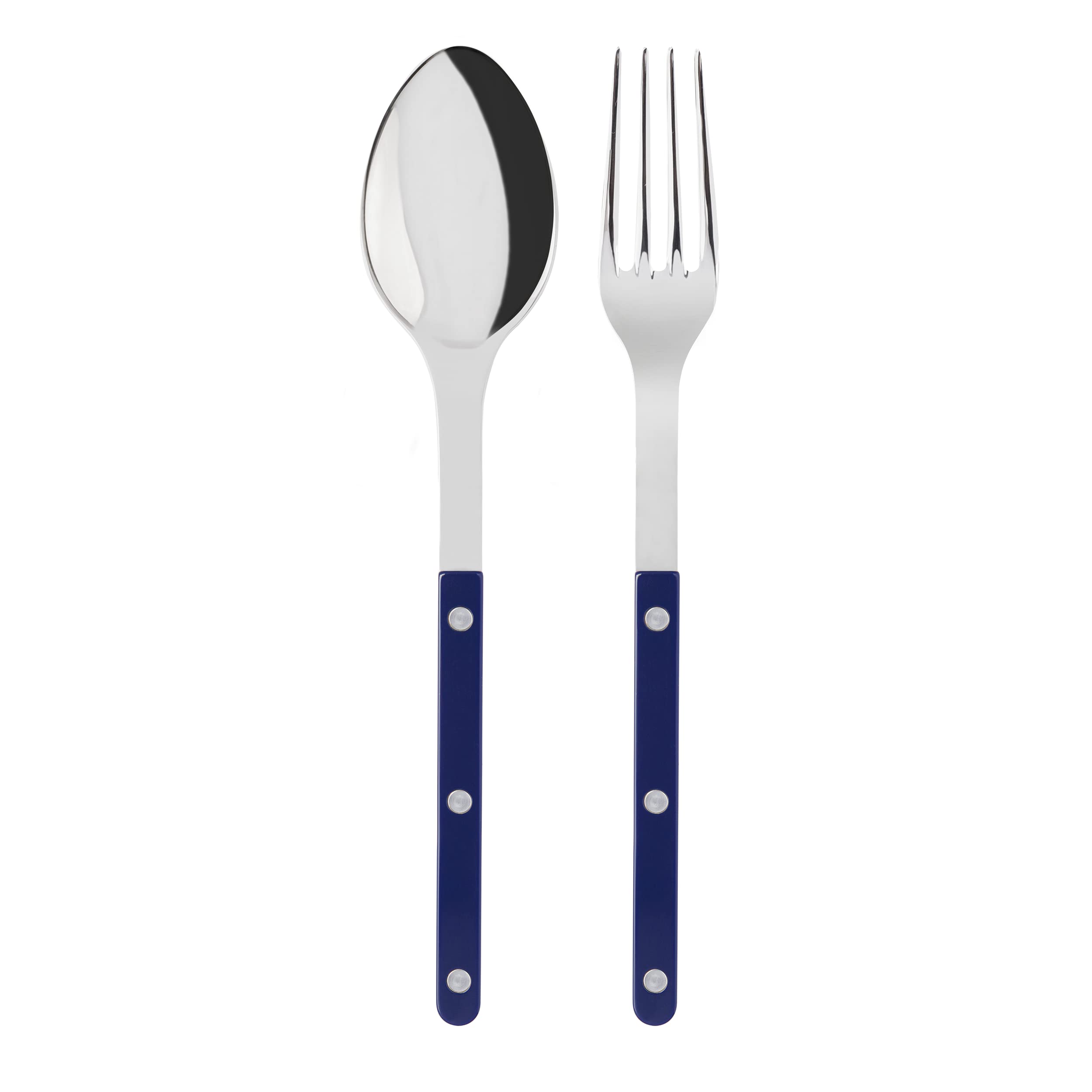 Sabre Paris - 2-Piece Serving Set - Bistrot Collection - Large Fork & Large Spoon - Stainless Steel & Nylon - Dishwasher Safe - Navy Blue - Brilliant Finish, 2346-014-0172