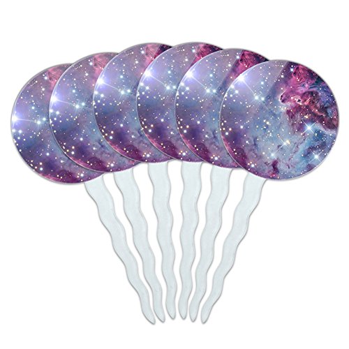 Set of 6 Cupcake Picks Toppers Decoration Space and Aliens - Fox Fur Nebula Galaxy Space