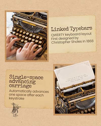 ROKR 3D Wooden Puzzle Typewriter for Adults - Black and Gold, Mechanical Modelling Kit, Vintage Model for Office, DIY Gift for Patient Builders (Black)