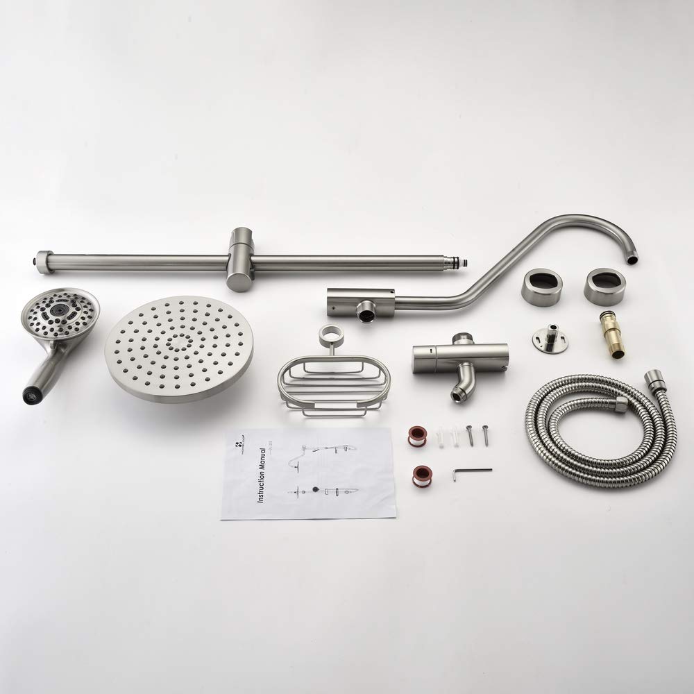 Shower System with 8" Rain Showerhead, Homelody 5-Function Hand Shower, Adjustable Slide Bar and Soap Dish, Brushed Nickel