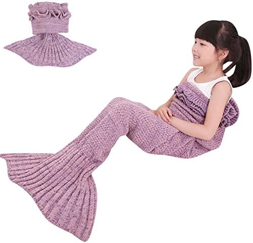 Mermaid Tail Blanket for Kids Teens, CHANGKU Handmade Crochet Sofa Blanket, All Seasons Sleeping Bag, 53"x 25.6"