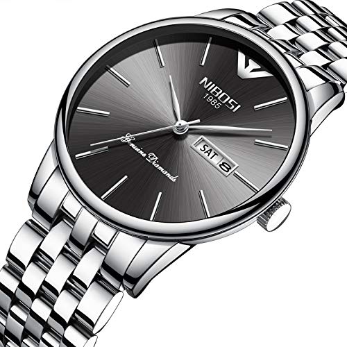 NIBOSI Mens Analogue Quartz Watch with Stainess Steel Strap 2332 Silver Black