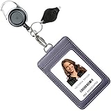 Genuine Leather ID Badge Holder Wallet with Heavy Duty Carabiner Retractable Reel, Key Ring and Metal Clip, 3 Card Pockets. Holds Multiple Cards &amp; Keys. Bonus Key Chain Flashlight. Vertical. Gray.