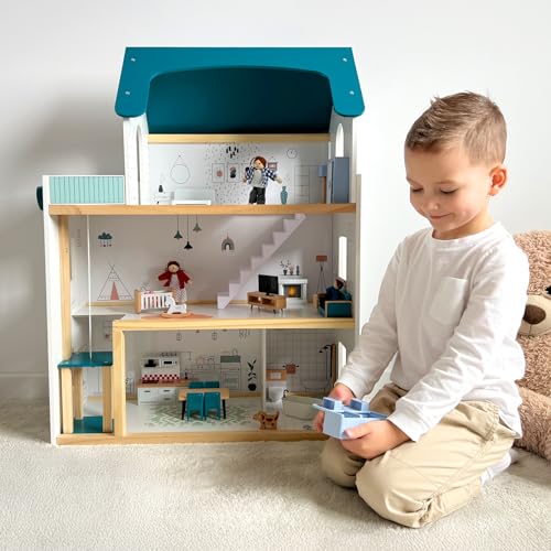 OOOK Wooden Dollhouse with Elevator, Large Doll House for Girls from 3 Years, Includes 21 Furniture, 4 Family Dolls and a Dog