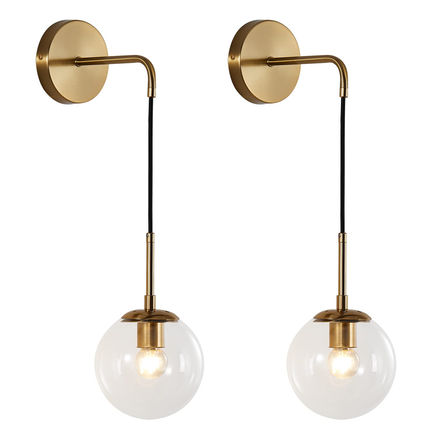 Photo 1 of KCO Modern Glass Globe Wall Sconce Set of Two Minimalist Gold Wall Light Fixture with Adjustable Cord Brass Round Glass Wall Mounted Reading Lamp (Clear-2PC)