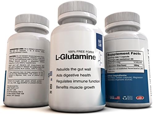 L-Glutamine by GUT LAB - 60 capsules x 500mg - 1 Month Supply - 100% Pure and Free Form - High Absorption - Helps to Heal the Gut Wall, Strengthen the Intestinal Barrier, Modulate Immune Function, and Promote Muscle Growth