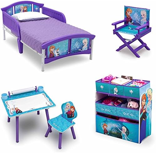 NEW! Disney Frozen 5 Set Room-in-a-Box Toddler Bed with Safety Rails Multi-Bin Toy Organizer with Six Fabric Toy Box Table and Chair Art Desk Set, Plus Director's Chair (Disney Frozen Room)