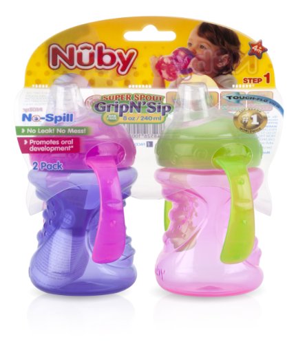 Nuby 2-Pack Two-Handle No-Spill Super Spout Grip N' Sip Cup, 8 Ounce, Colors May Vary