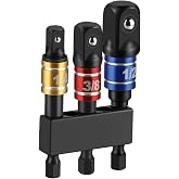 Gewutho 3 Piece Impact Socket Adapter Set, 1/4-Inch Hex Shank, Chrome Vanadium Steel Drill Extension Bar, Includes 1/4in, 3/8in, and 1/2in Drive Socket Adapters with Storage Holder