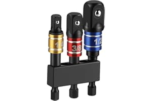 Gewutho 3 Piece Impact Socket Adapter Set, 1/4-Inch Hex Shank, Chrome Vanadium Steel Drill Extension Bar, Includes 1/4in, 3/8in, and 1/2in Drive Socket Adapters with Storage Holder - 1