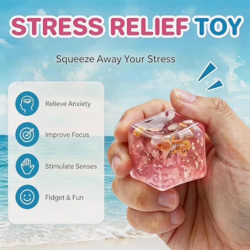 4 Pack Ice Cube Squishy Stress Ball–Soft Dough Squishy Fidget Toys,Mini Colorful Sensory Squeeze Cubes for Relaxation&Focus,Perfect for Classroom Prizes&Party Favors (4, Seashells, 1.4in)