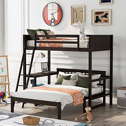 Twin Over Full Loft Bed, Wood Bed with Convertible Lower Bed, LShaped