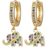 Rofeego Hoop Earrings with Elephant Dangle Charms, Pave Multicolor Stone