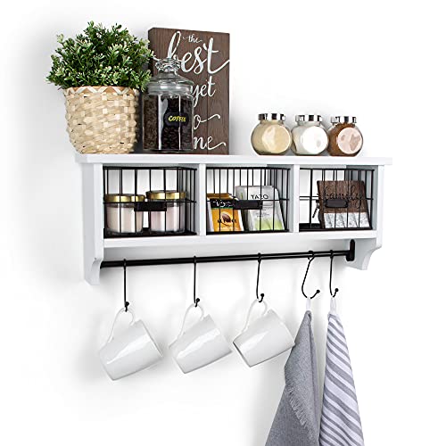 Wood Wall Mounted Shelf with Hooks and Storage Baskets White Floating