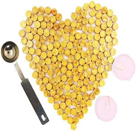Golden Sealing Wax Beads 140 Pieces OCTAGON Wax Seal Beads Kit with a Wax Melting Spoon and 2 Pieces Candles for Wax Seal Stamp (Golden)