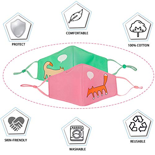 AOGE 2Pcs Washable Reusable Face Mask for Kids Adjustable Ear Loops, Cute Cartoon Print Mask, Breathable Protective Cotton Fabric Cloth Face Cover with Dust Filter Pocket (Puppy&Fox)