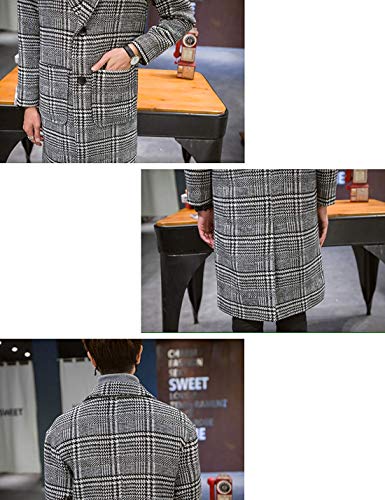 Uaneo Men's Casual Notch Lapel Single Breasted Plaid Mid Long Trench Pea Coat (Gray, X-Large)