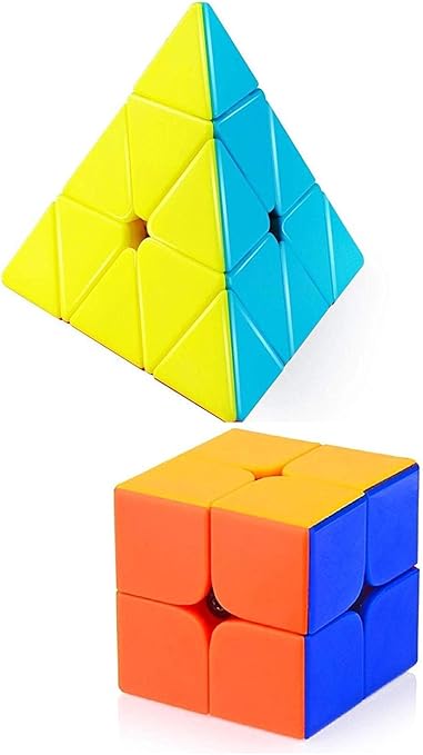 Assemble Combo of Stickerless Pyraminx, & 2x2 High Speed Speedy Rubik Magic Puzzle Cube (Multicolour, Pyraminx_2x2_StickCube_Combo)