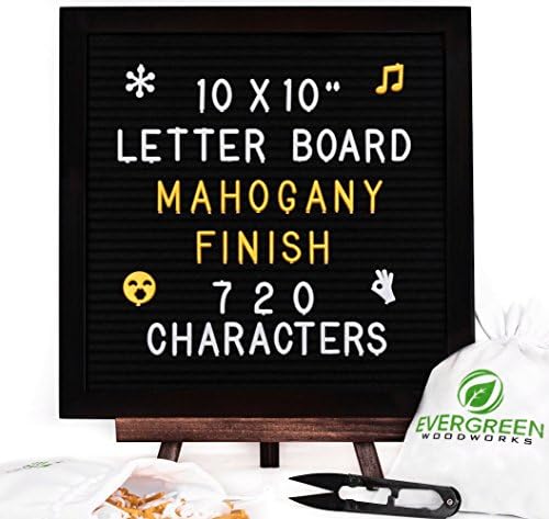 Felt Letter Board 10x10 - Premium Mahogany Finish - Changeable 720 White and Gold Letters, Numbers, and Emojis, 2 Velvet Bags, Wood Easel Stand with Polish, Wall Mount, Bonus Scissor