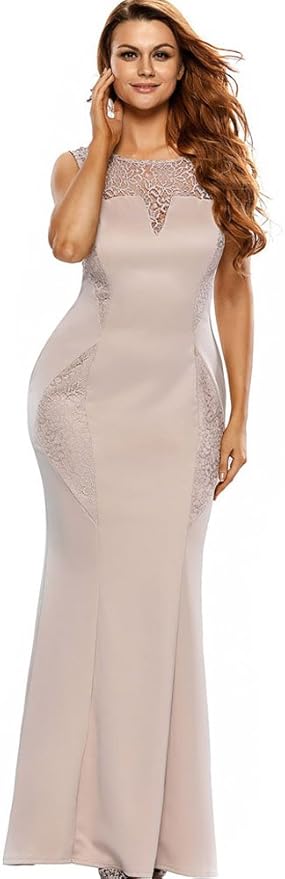 Christmas Womens Lace Insert Sleeveless Evening Gown Maxi Dress Apricot Large at Amazon Womenâs 