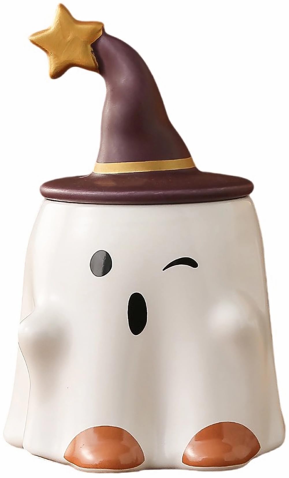 KKGUD Novelty Tea Cup, Ceramic 11oz Halloween Coffee Mug with Lid- Winking Ghost (White)