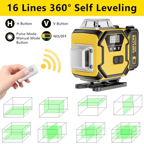 Laser Level 360 Self Leveling, 16 Lines 4×360° Green Pulse Mode Levels for Floor Tile Wall Picture Hanging Construction, 4D Leveler Outdoor Tool with 2 Rechargable Batteries Hard Carry Case