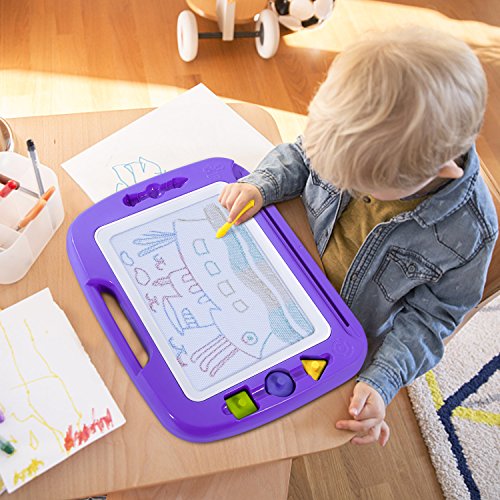 SGILE 16.3X12.8 Kids Magna Drawing Board Toy Foldable Stand Foothold 3 Stamps, Non-Toxic Magnetic Doodles Sketch Pad Painting Writing Toddlers Preschooler Learning Development, Purple - Thumbnail 5