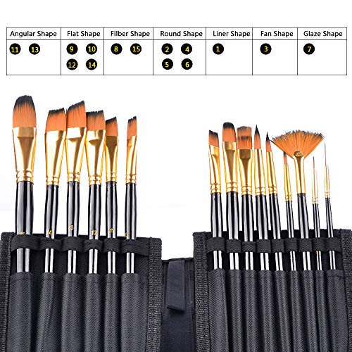 Haneye Artist Paint Brush Set, 15 Pcs Sizes Nylon Art Paint Brushes with Case, Wood Handles, with Painting Knife and Watercolor Sponge, Multifunction Brush for Gouache, Acrylics, Oil and Watercolor