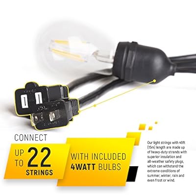 Crelitech Outdoor or Indoor LED String Lights for Patio, Garden or Backyard DÃ©cor â€“ Commercial Grade Weatherproof Build â€“ 15 Lamp-Holders â€“ Black Color â€“ Includes 4-watt 20 LED Dimmable Bulbs