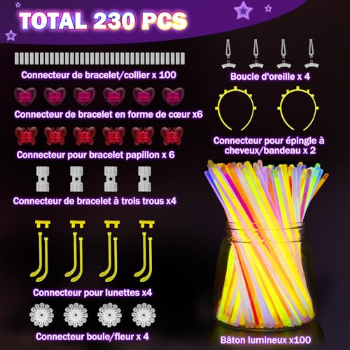 Millegu Glow in the Dark Bracelets, 230 Party Pack of 100 Fluorescent Sticks & 130 Connectors Make Glasses Necklaces Balls Balls for Children Adults, Christmas Decorations Party Favors New Year 2026