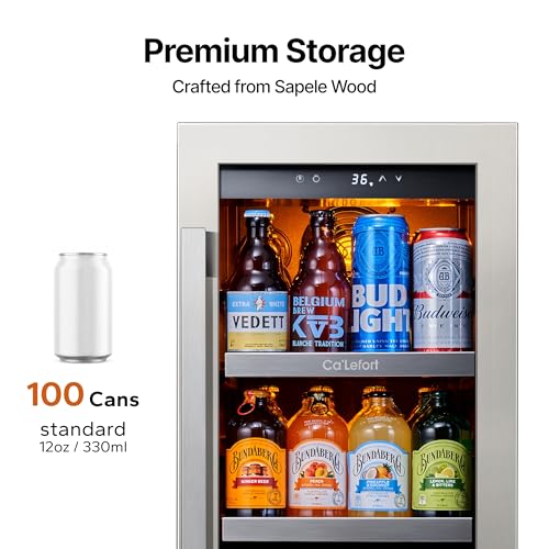 Ca'Lefort 15 Inch Beverage Refrigerator, 80 Can 1-12°C Beverage Fridge, Drink Fridge with Glass Door 3 LED Beverage Cooler Built in or Freestanding, Perfect for Home/Kitchen(3.0 cu.ft)