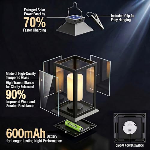 Yowin Solar Lanterns for Outside 2 Pack 22cm Tempered Glass Hanging Solar Lights Outdoor Garden with Flickering Candle, Waterproof Outdoor Lanterns for Patio Pathway Balcony Mother Gift Decorations