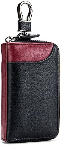 Leather Key Wallet Credit Holder Case Zip Keychain Bag with 6 Hooks for Men Women