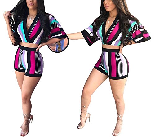 VLUNT Women Stripe Print 2 Piece Set V Neck Crop Top and Short Pants Outfits Clubwear,Purple-M - Thumbnail 3