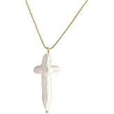KNOWTODAY Pearl Cross Necklace 14k Gold Plated Freshwater Natural Baroque Chunky Pearl Cross Pendant Necklace for Women Trendy Jewelry Gifts