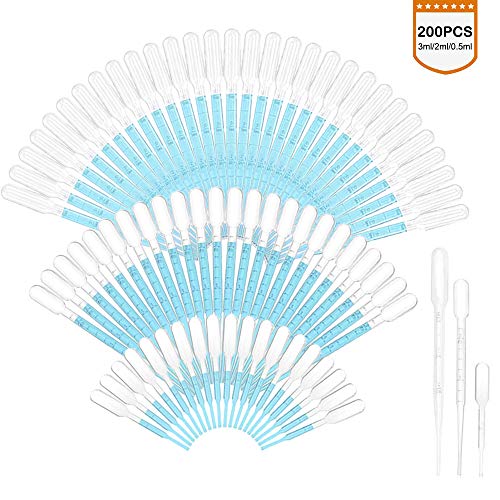 SUPERLELE 200pcs Plastic Transfer Pipette, 3ml, 2ml, 0.5ml Droppers, Plastic Graduated Droppers Disposable Transfer Pipettes, Eye Dropper, Essential Oils Make Up Tools
