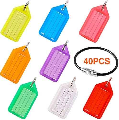 InterUS Key Tags,40pcs Tough Plastic Key Id Label with Split Ring Label Window for Home,Offices,Hotels (8 Colors) with a Big Key Ring