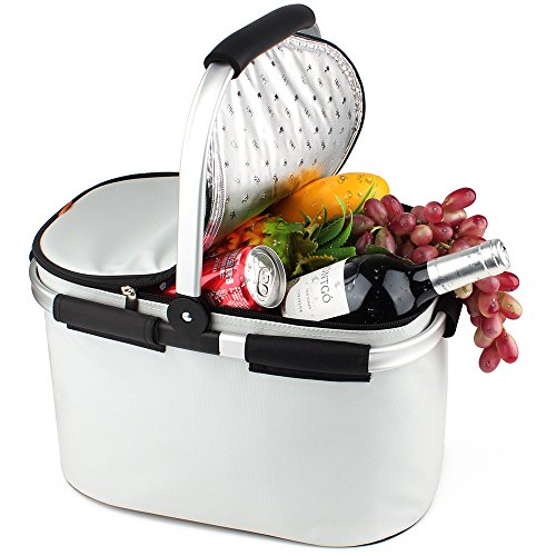 YONOVO 32 L Folding Picnic Basket Insulated Cooler Bag for Family Gathering Camping Travel BBQ (Ivory)
