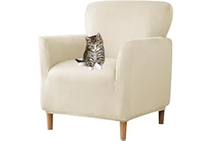 SONNACH Stretch Chair Covers with Arms 1-Piece Banquet Armchair Slipcover Velvet Mid Century Modern Armchair Slipcover Anti-Slip Furniture Protector for Living Room Friendly for Kids Pets (Beige)