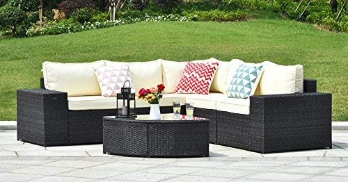 Gotland 6-Piece Outdoor Furniture Sectional Sofa & Glass Coffee Table,with Washable Beige Cushions for Backyard,Pool,Patio| Incl. Dust Cover & Clips