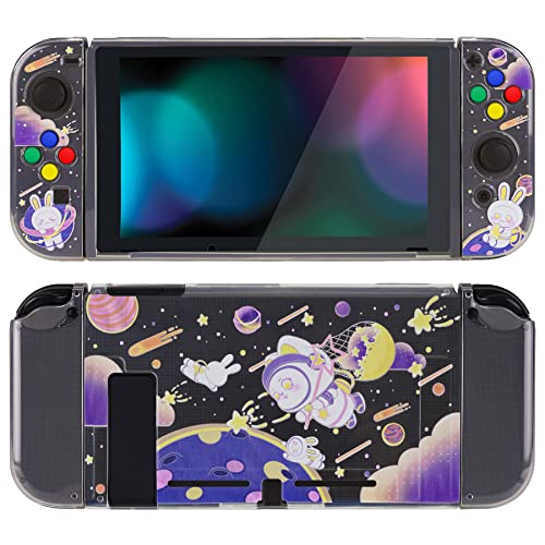 PlayVital Transparent Protective Case for Nintendo Switch, Soft TPU Slim Case Cover for Nintendo Switch Joycon Console with Colorful ABXY Direction Button Caps - Space Cat Adventure