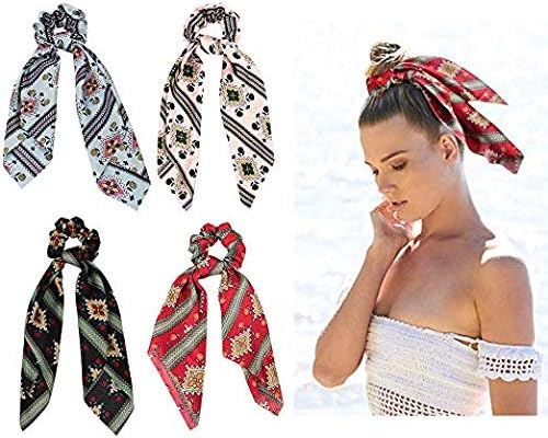 Cubaco 4 Pcs Hair Scarf Hair Scrunchies Bowknot Chiffon Floral Scrunchie Hair Ties 2 in 1 Vintage Elastic Hair Bands Ponytail Holder Scrunchy Ties Accessories for Women