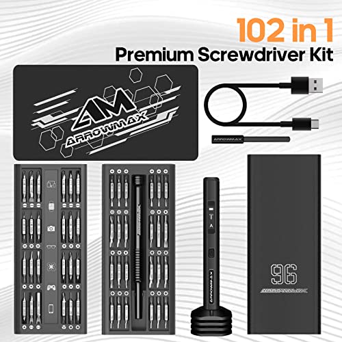 102 in 1 Electric Screwdriver, AM ARROWMAX Cordless Precision Screwdriver Set with 96 Magnetic Bits, Rechargeable Portable Electronic Screwdriver Set for Phone Laptop Camera Watch (PRO PLUS Black)