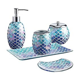 Bathroom Accessory Set | 5-Piece Decorative Glass Bathroom Soap Dispenser Set | Soap Dispenser, Tray, Jar, Toothbrush… 51hhjaRLLCL. SS280