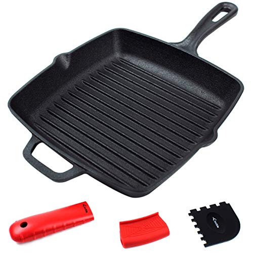Cast Iron Grill Pan with Extra Thick Silicone Hot Handle Holder, Assist Handle Holder, Grill Scraper - Thumbnail 6