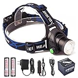 OTYTY Ultra Bright Headlamp, L2 Water resistant Headlight, 3 Modes Zoomable Flashlight with 2 Rechargeable 18650 Lithium Ion Batteries+AC Charger+Car Charger