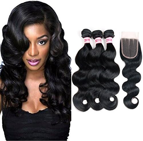 Fabeauty Body Wave Peruvian Human Hair 3 Bundles with Closure 100% 7a Unprocessed Virgin Peruvian Hair Body Wave with Closure Human Hair Extensions Bundles with 3 Part Closure(44) (10 10 10+10)